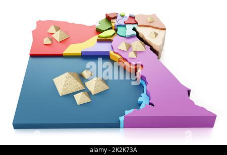 Karte Ägyptens mit Regionen und Pyramiden. 3D Abbildung Stockfoto