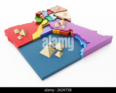 Karte Ägyptens mit Regionen und Pyramiden. 3D Abbildung Stockfoto