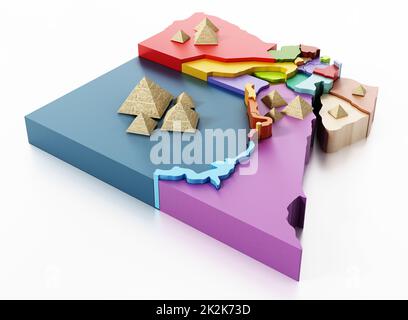 Karte Ägyptens mit Regionen und Pyramiden. 3D Abbildung Stockfoto