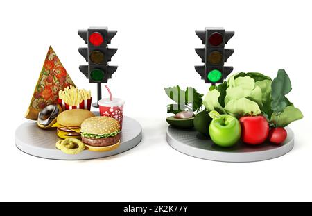 Grünes Licht für gesunde Lebensmittel und rotes Licht für Junk Food. 3D Abbildung Stockfoto