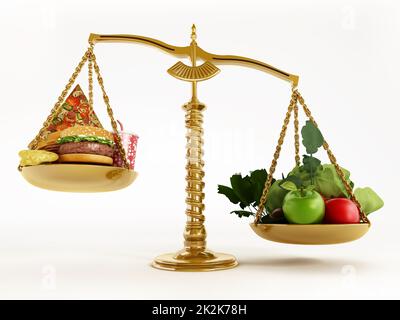 Gesundes Essen und Junk Food in Waagen ausgewogener Größe. 3D Abbildung Stockfoto