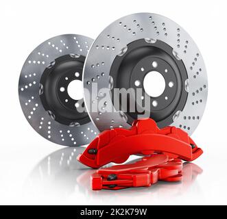 Bremsscheibe und roter Bremssattel isoliert auf weißem Hintergrund. 3D Abbildung Stockfoto
