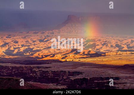 Sturm mit Regenbogen über dem Canyonlands National Park, Moab, Utah. Blick vom Buck Canyon mit Blick auf Hatch Point Mesa dahinter. Stockfoto