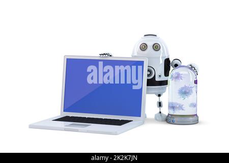 Roboter mit Laptop. Computersicherheitskonzept Stockfoto