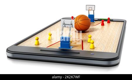 Basketballfeld, Basketballkörbe und Spieler, die auf dem Smartphone stehen. 3D Abbildung Stockfoto