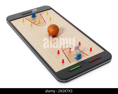 Basketballfeld, Basketballkörbe und Spieler, die auf dem Smartphone stehen. 3D Abbildung Stockfoto