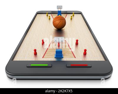 Basketballfeld, Basketballkörbe und Spieler, die auf dem Smartphone stehen. 3D Abbildung Stockfoto