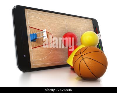 Basketballfeld, Basketballkörbe und Spieler, die auf dem Smartphone stehen. 3D Abbildung Stockfoto