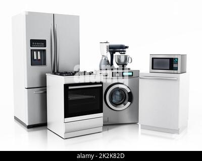 Haushaltsgeräte isoliert auf weißem Hintergrund. 3D Abbildung Stockfoto
