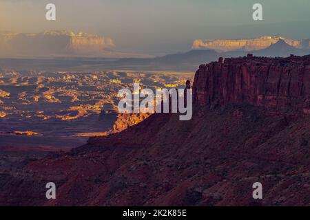 Blick auf den Needles District bei Sonnenaufgang vom Buck Canyon Overlook, Island im Sky District, Canyolands NP, Utah. Stockfoto