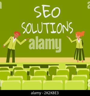 Handschriftliches Schild Seo Solutions. Wörter auf der Suchmaschinenergebnisseite erhöhen die Besucherzahlen nach Rankings männliche und weibliche Kollegen, die Präsentationen auf der Bühne mit Handgesten durchführen. Stockfoto