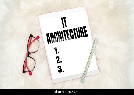 Schild mit der IT-Architektur. Business Showcase Architecture wird auf den Prozess der Gesamtstruktur von Bürobedarf über Schreibtisch mit Tastatur und Gläsern und Kaffeetasse für die Arbeit angewendet Stockfoto
