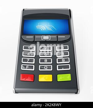 POS-Terminal mit Symbol für drahtlose Fernbedienung auf dem Bildschirm. 3D Abbildung Stockfoto