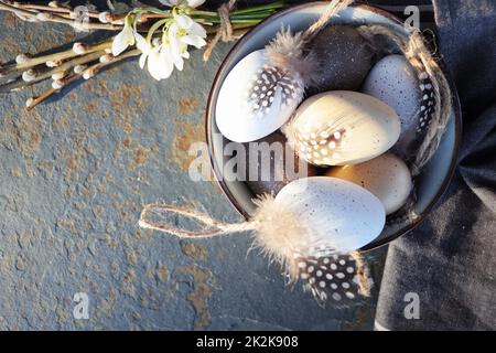 Frohe Ostern. Wachtelei in einer Keramikschale und Frühlingsblumendekoration, steinerner grauer Tischhintergrund, Draufsicht, Kopierraum. Grußkartenvorlage Stockfoto