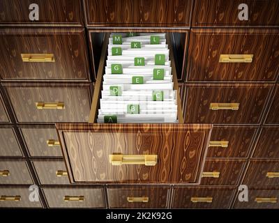 Bibliothekskatalog Holzschublade mit Buchstaben. 3D Abbildung Stockfoto
