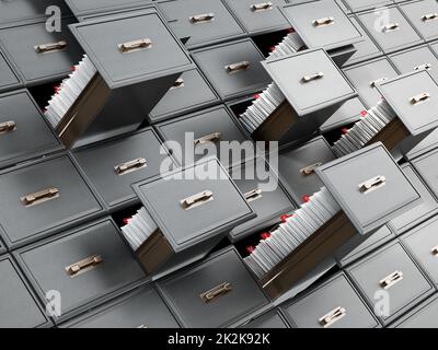 Bibliothekskatalog Holzschublade mit Buchstaben. 3D Abbildung Stockfoto