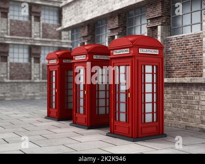 Rote britische Telefonzellen auf der Straße. 3D Abbildung Stockfoto