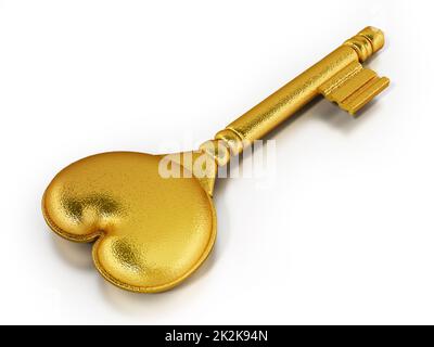 Goldener Schlüssel mit Herzform isoliert auf weißem Hintergrund. 3D Abbildung Stockfoto