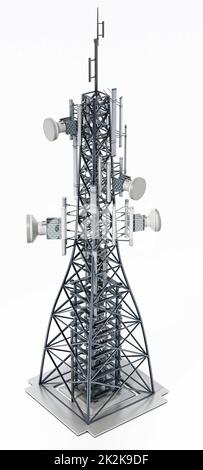 Telekommunikationsturm aus Stahl mit Satellitenschüssel. 3D Abbildung Stockfoto