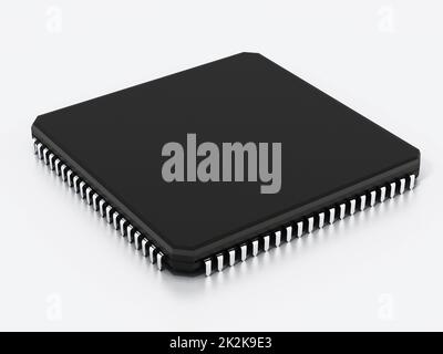 Schwarzer Computer-Mikrochip isoliert auf weißem Hintergrund. 3D Abbildung Stockfoto