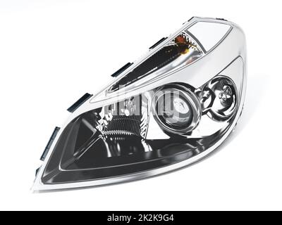 Linker Autoscheinwerfer isoliert auf weißem Hintergrund. 3D Abbildung Stockfoto