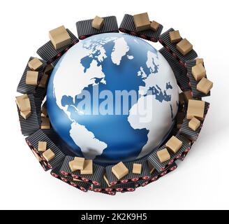 Förderbänder, die Kartons um die Erde transportieren. 3D Abbildung Stockfoto