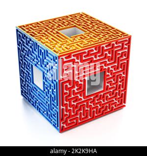 3D Würfel mit Labyrinthwänden an den Seiten. 3D Abbildung Stockfoto