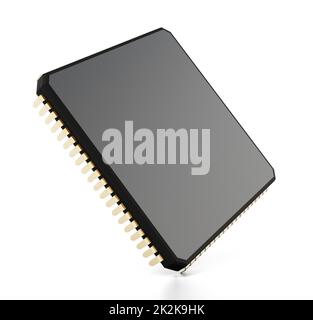 Schwarzer Computer-Mikrochip isoliert auf weißem Hintergrund. 3D Abbildung Stockfoto