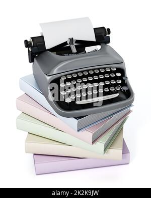 Schreibmaschinen- und Bücherstapel isoliert auf weißem Hintergrund. 3D Abbildung Stockfoto