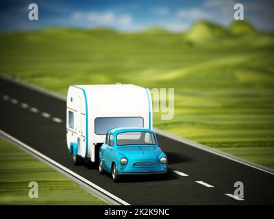 Blauer Oldtimer auf der Straße mit Wohnwagen. 3D Abbildung Stockfoto