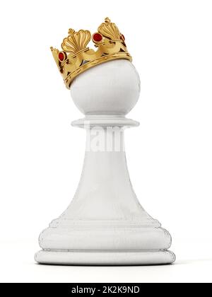 Weißer Schachbauer mit goldener Krone. 3D Abbildung Stockfoto
