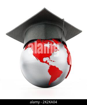 Graduierungskappe auf rotem und grauem Globus. 3D Abbildung Stockfoto