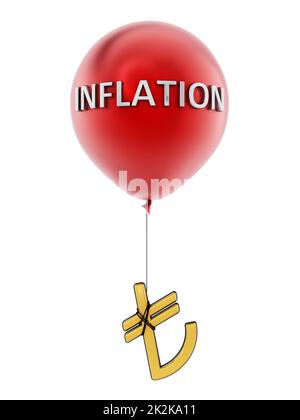 Roter fliegender Ballon mit angebundenem türkischen Lira-Symbol. 3D Abbildung Stockfoto