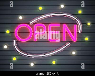 Neon-beleuchtetes offenes Schild. 3D Abbildung Stockfoto