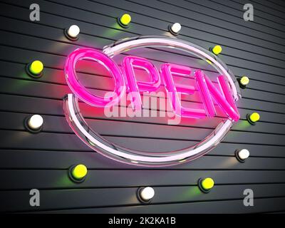 Neon-beleuchtetes offenes Schild. 3D Abbildung Stockfoto