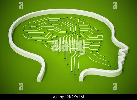 PCB-Gehirn im weiblichen Kopf – Symbol. 3D Abbildung Stockfoto