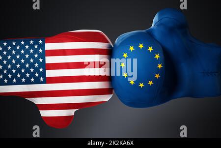 Texturierte Boxhandschuhe mit amerikanischer und europäischer Flagge auf Schwarz. 3D Abbildung Stockfoto