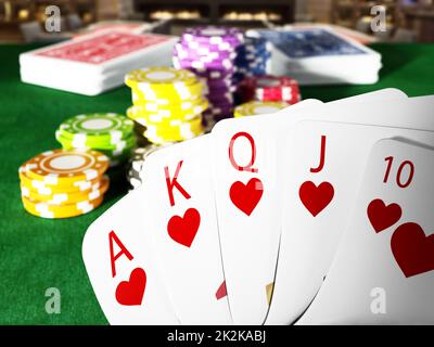 Poker Royal Flush Hand und Casino Hände stehen auf Pokertisch. 3D Abbildung Stockfoto