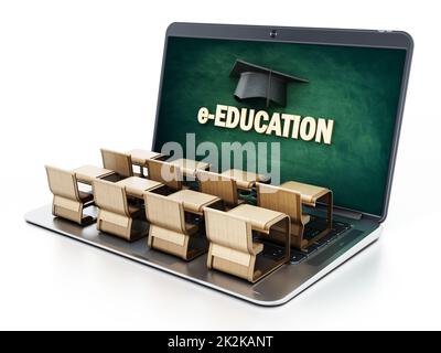 Schülerschreibtische auf Laptop-Computer-Tastatur. 3D Abbildung Stockfoto