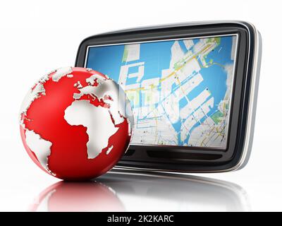 GPS Global Positioning System und Kugel isoliert auf weißem Hintergrund. 3D Abbildung Stockfoto