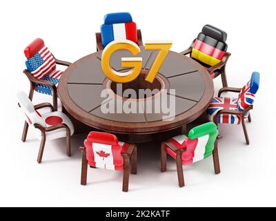 G7 Flaggen stehen um den runden Tisch. 3D Abbildung Stockfoto