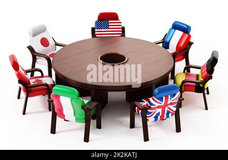 G7 Flaggen stehen um den runden Tisch. 3D Abbildung Stockfoto