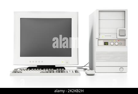 Generischer Computer im Stil der 90er Jahre, isoliert auf Weiß. 3D Abbildung Stockfoto