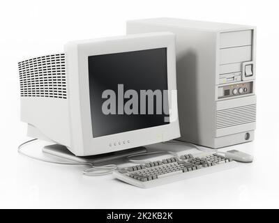 Generischer Computer im Stil der 90er Jahre, isoliert auf Weiß. 3D Abbildung Stockfoto