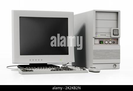 Generischer Computer im Stil der 90er Jahre, isoliert auf Weiß. 3D Abbildung Stockfoto
