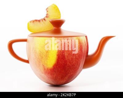Halb Pfirsich, kombiniert mit Teekanne und einer Scheibe Pfirsich. 3D Abbildung Stockfoto
