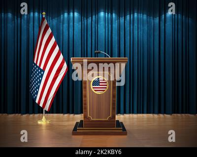 Pressekonferenz mit Flaggen der Vereinigten Staaten von Amerika USA und Rednerpult vor dem blauen Vorhang. 3D Abbildung Stockfoto