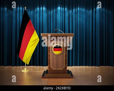 Pressekonferenz mit deutschen Flaggen und Rednerpult vor dem blauen Vorhang. 3D Abbildung Stockfoto