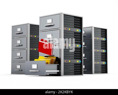 Aktenschrank in Kombination mit Netzwerkserver. 3D Abbildung Stockfoto