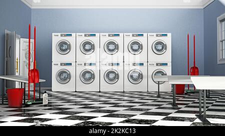 Waschraum mit großen Waschmaschinen und Wäschetrocknern. 3D Abbildung Stockfoto